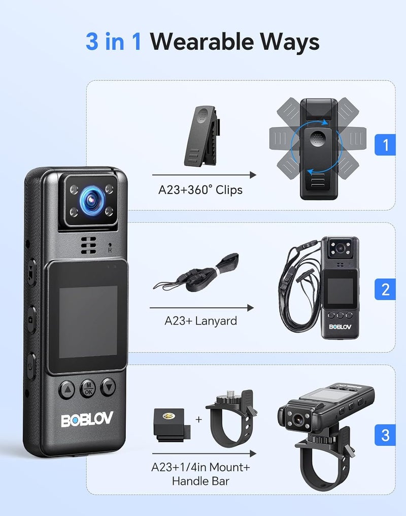 BOBLOV Body Camera with Video and Audio Recording 128G A23 Compact Bodycam up to 9 Hours Long Battery Life -360°Clips and Night Vision for Bike, Hiking, Walking Easy-to-Use - Image 5